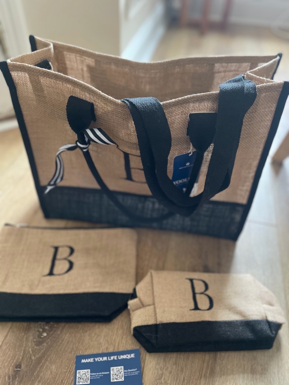 B Initial Natural & Black Jute Tote with Two Pouches